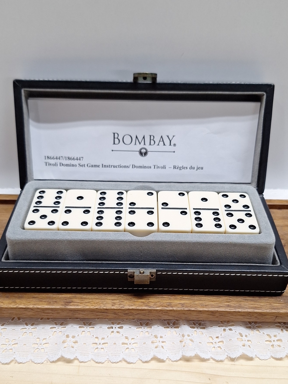 #AED Bombay Domino Set with Black Pips in Black Case DOUBLE SIX